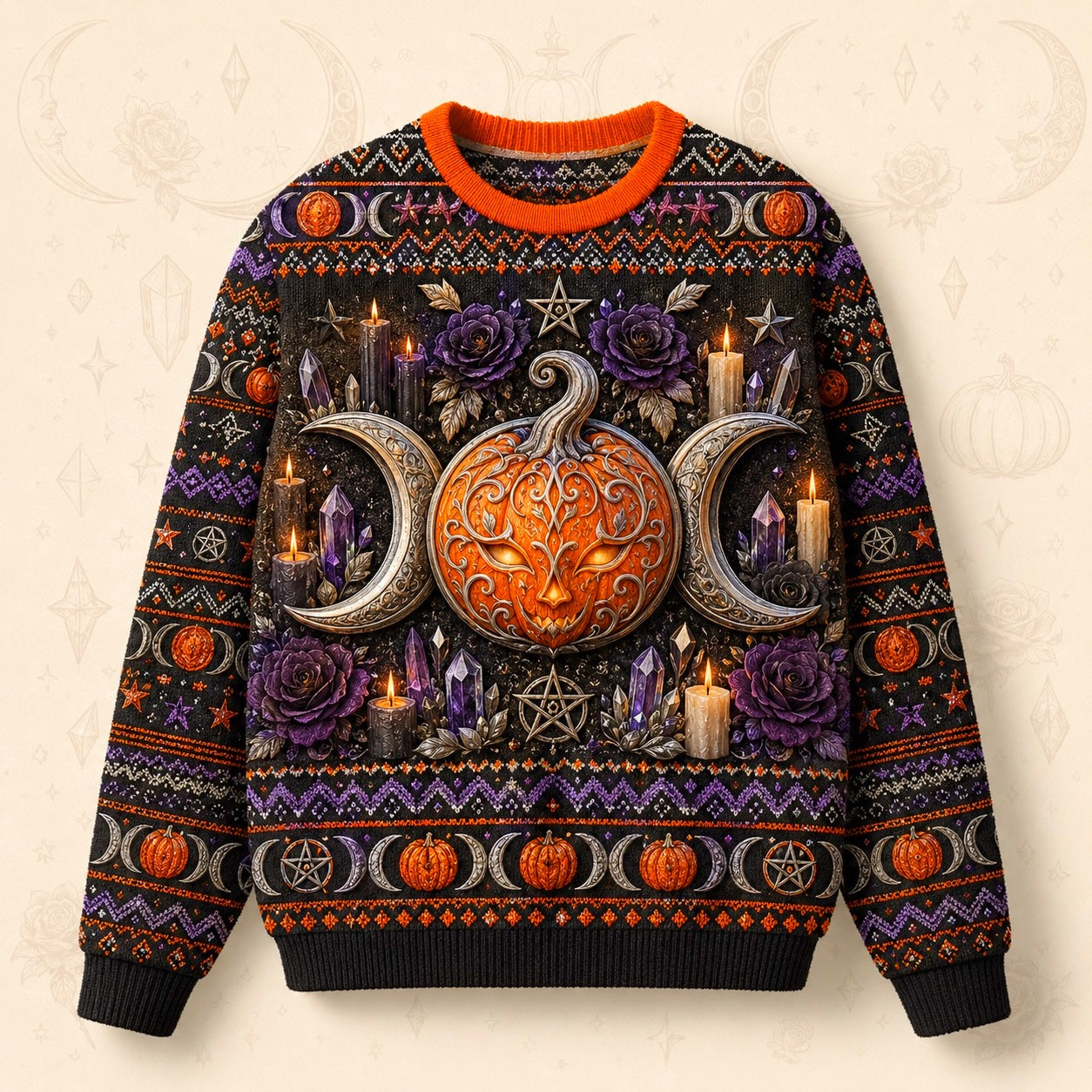 Pumpkin Crescent Sweater Horned Goddess Amethyst Samhain Knit front view