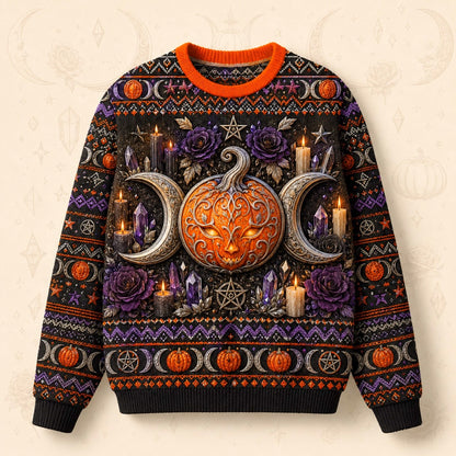 Pumpkin Crescent Sweater Horned Goddess Amethyst Samhain Knit front view