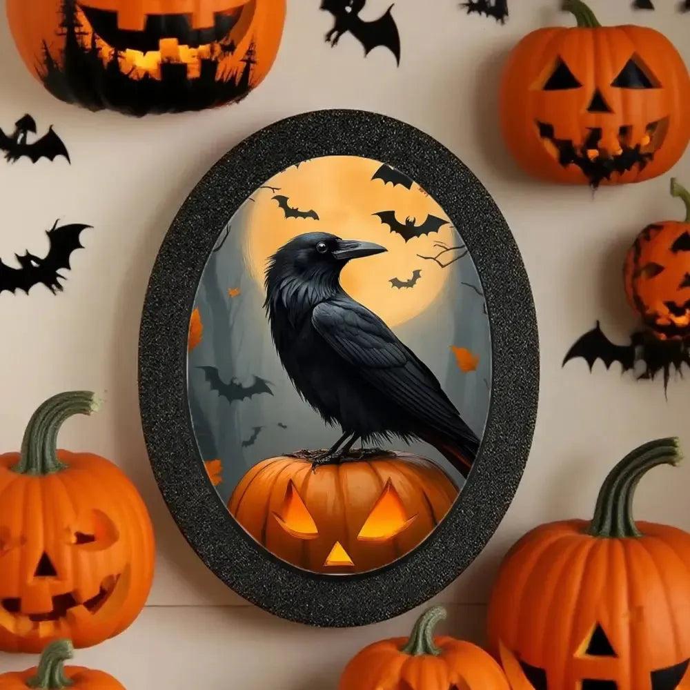 Pumpkin Crow Gothic Wooden Oval Frame - Witchy Raven Oval Wall Art - Halloween Wall Decoration-MoonChildWorld