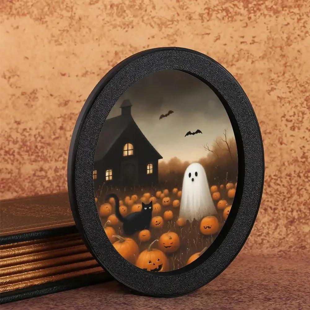 Pumpkin Ghost & Black Cat Wooden Oval Frame - Spooky Oval Wall Art - Halloween Wall Decoration-MoonChildWorld
