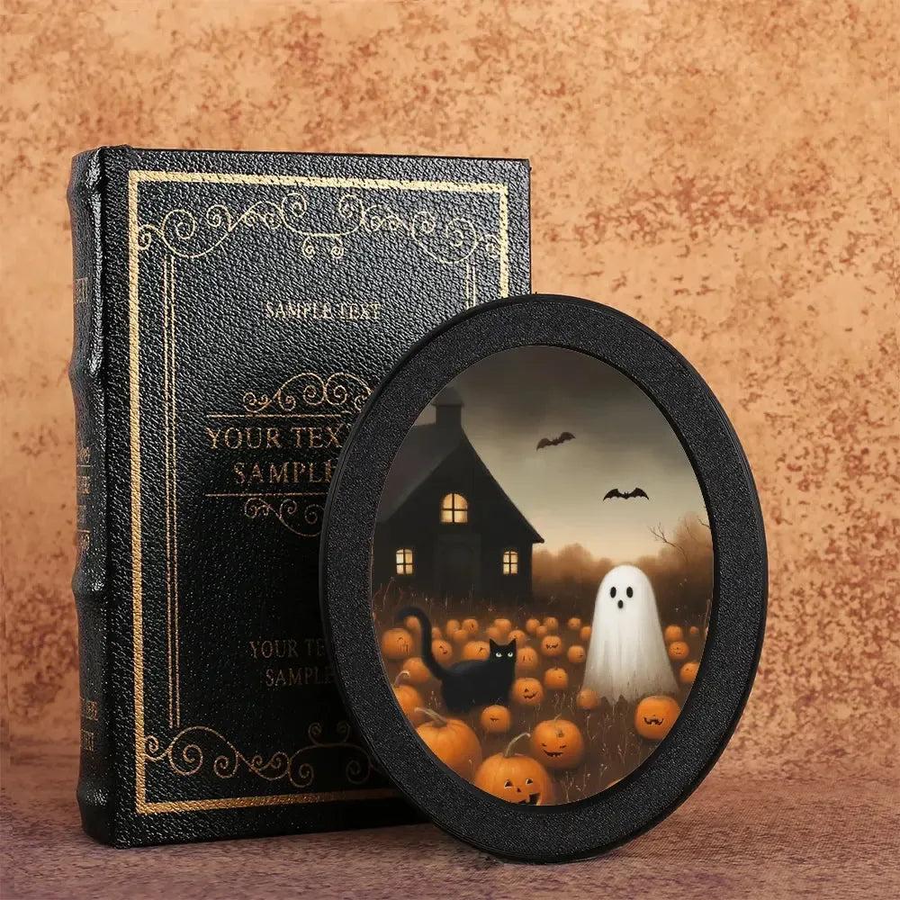Pumpkin Ghost & Black Cat Wooden Oval Frame - Spooky Oval Wall Art - Halloween Wall Decoration-MoonChildWorld