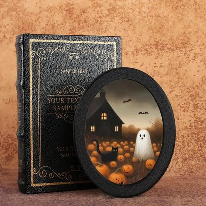 Pumpkin Ghost & Black Cat Wooden Oval Frame - Spooky Oval Wall Art - Halloween Wall Decoration-MoonChildWorld