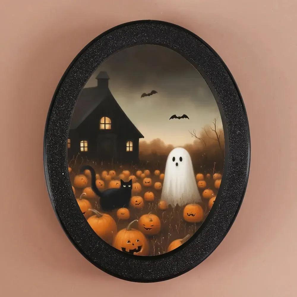 Pumpkin Ghost & Black Cat Wooden Oval Frame - Spooky Oval Wall Art - Halloween Wall Decoration-MoonChildWorld