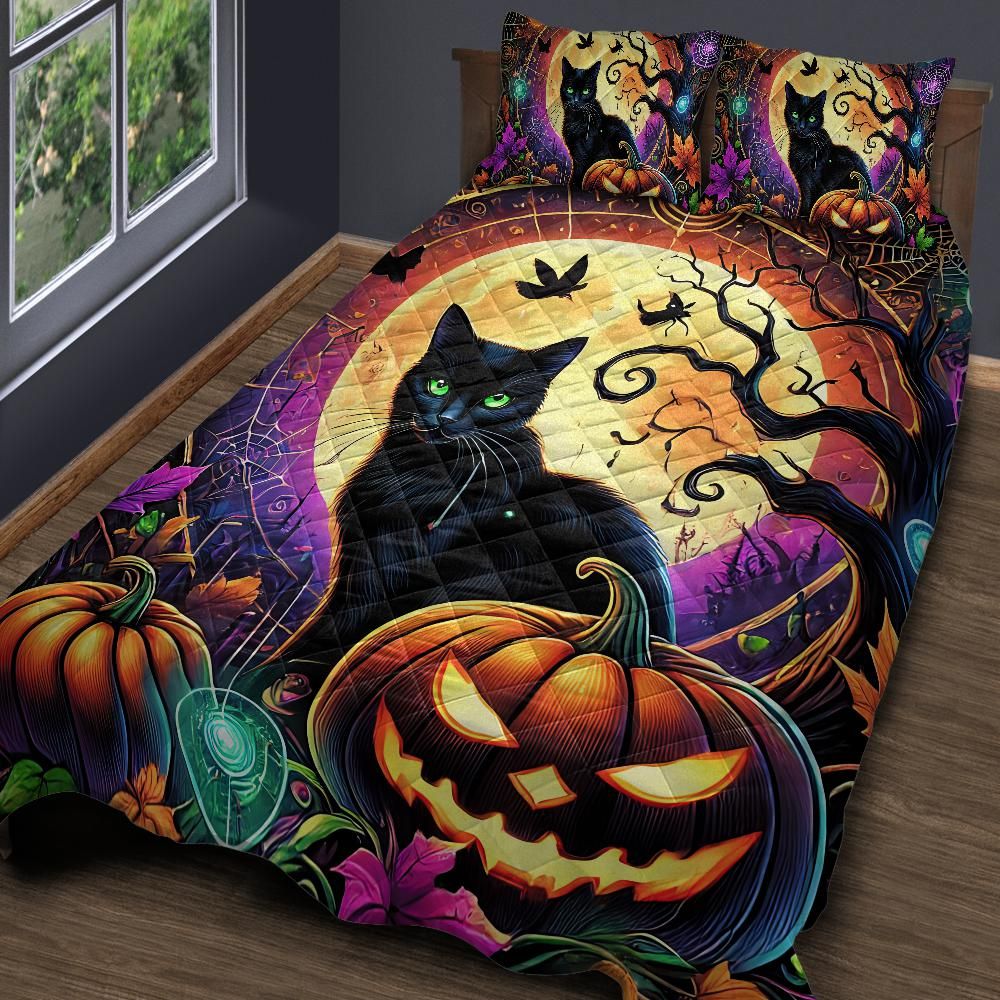 Pumpkin Halloween Black Cat Gothic Quilt Bedding Set Witchy Decor-MoonChildWorld