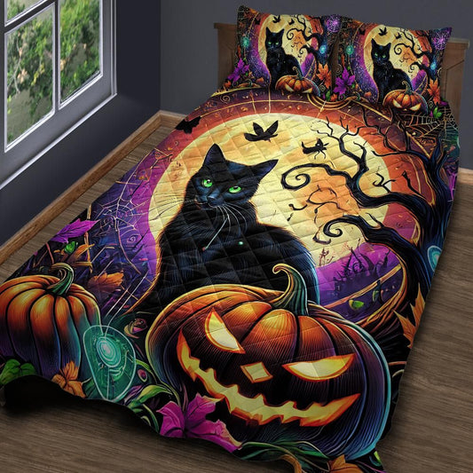 Pumpkin Halloween Black Cat Gothic Quilt Bedding Set Witchy Decor-MoonChildWorld