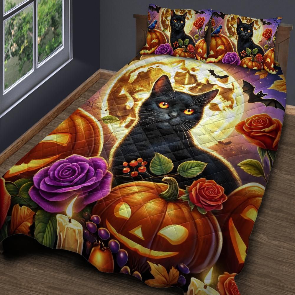 Pumpkin Halloween Black Cat Quilt Bedding Set for Spooky Home Decor-MoonChildWorld
