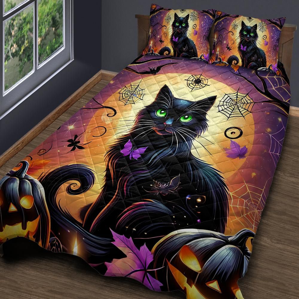Pumpkin Halloween Black Cat Witchy Quilt Bedding Set-MoonChildWorld