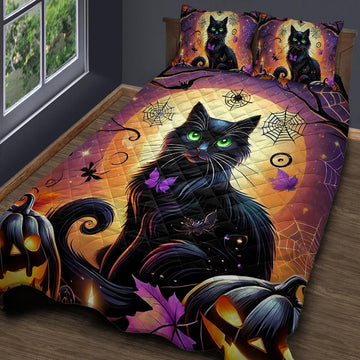 Pumpkin Halloween Black Cat Witchy Quilt Bedding Set-MoonChildWorld