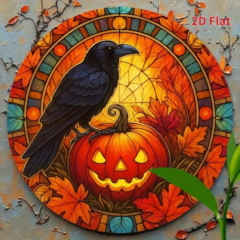 Pumpkin Halloween Dark Crow Witchy Raven Metal Sign Gothic Decor-MoonChildWorld