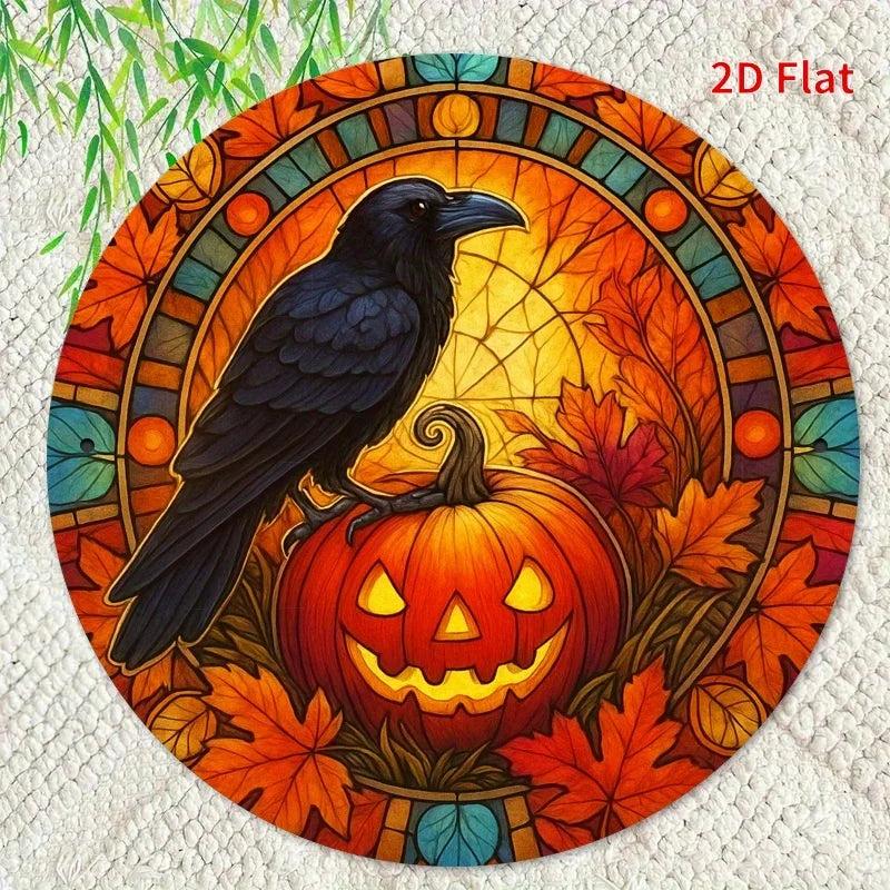 Pumpkin Halloween Dark Crow Witchy Raven Metal Sign Gothic Decor-MoonChildWorld
