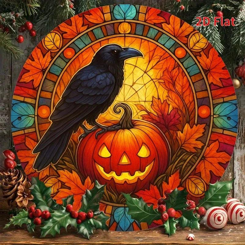 Pumpkin Halloween Dark Crow Witchy Raven Metal Sign Gothic Decor-MoonChildWorld