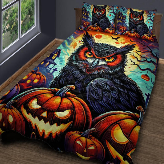 Pumpkin Halloween Owl Quilt Bedding Set for Spooky Home Decor-MoonChildWorld