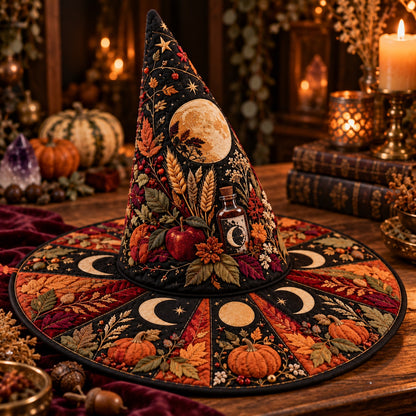 Pumpkin Harvest Quilted Witch Hat – Apple Moon Pagan Brim Hat – styled with candles and crystals