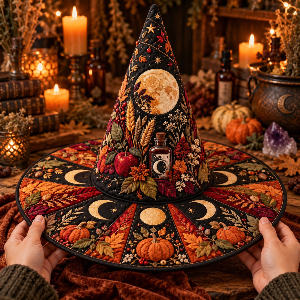 Pumpkin Harvest Quilted Witch Hat – Apple Moon Pagan Brim Hat – held in both hands