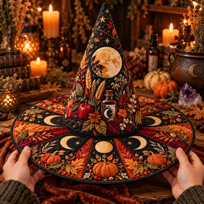 Pumpkin Harvest Quilted Witch Hat – Apple Moon Pagan Brim Hat – held in both hands