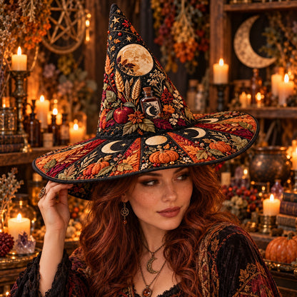 Pumpkin Harvest Quilted Witch Hat – Apple Moon Pagan Brim Hat – worn by a model