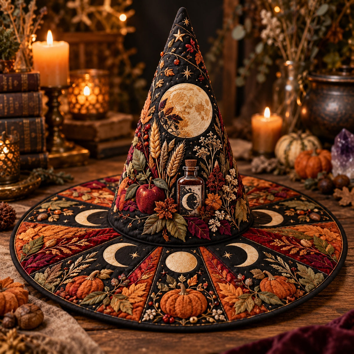 Pumpkin Harvest Quilted Witch Hat – Apple Moon Pagan Brim Hat – styled with candles and crystals