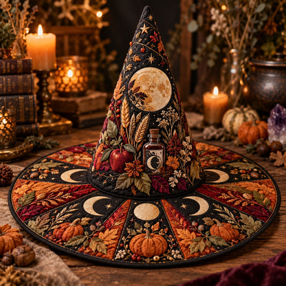 Pumpkin Harvest Quilted Witch Hat – Apple Moon Pagan Brim Hat – styled with candles and crystals