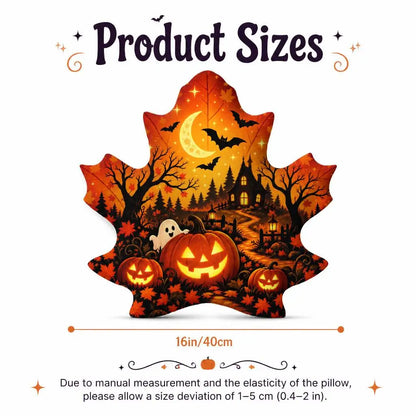 Size guide showing 16 inch / 40 cm: decorative plush pillow featuring maple leaf with jack-o-lantern, haunted house and bats