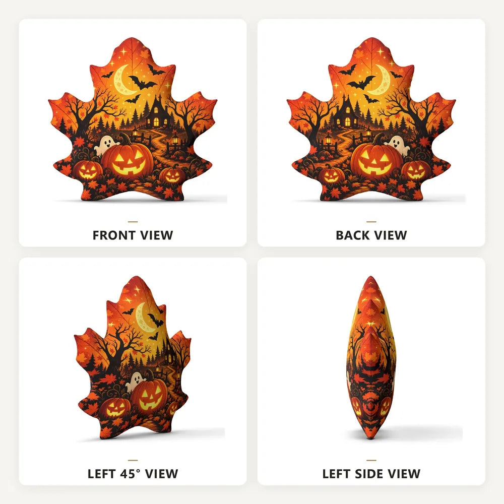 Front, back and side views: decorative plush pillow featuring maple leaf with jack-o-lantern, haunted house and bats