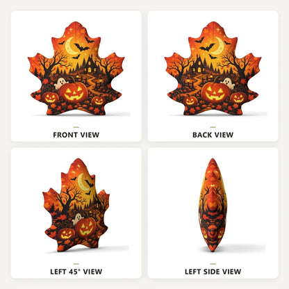 Front, back and side views: decorative plush pillow featuring maple leaf with jack-o-lantern, haunted house and bats