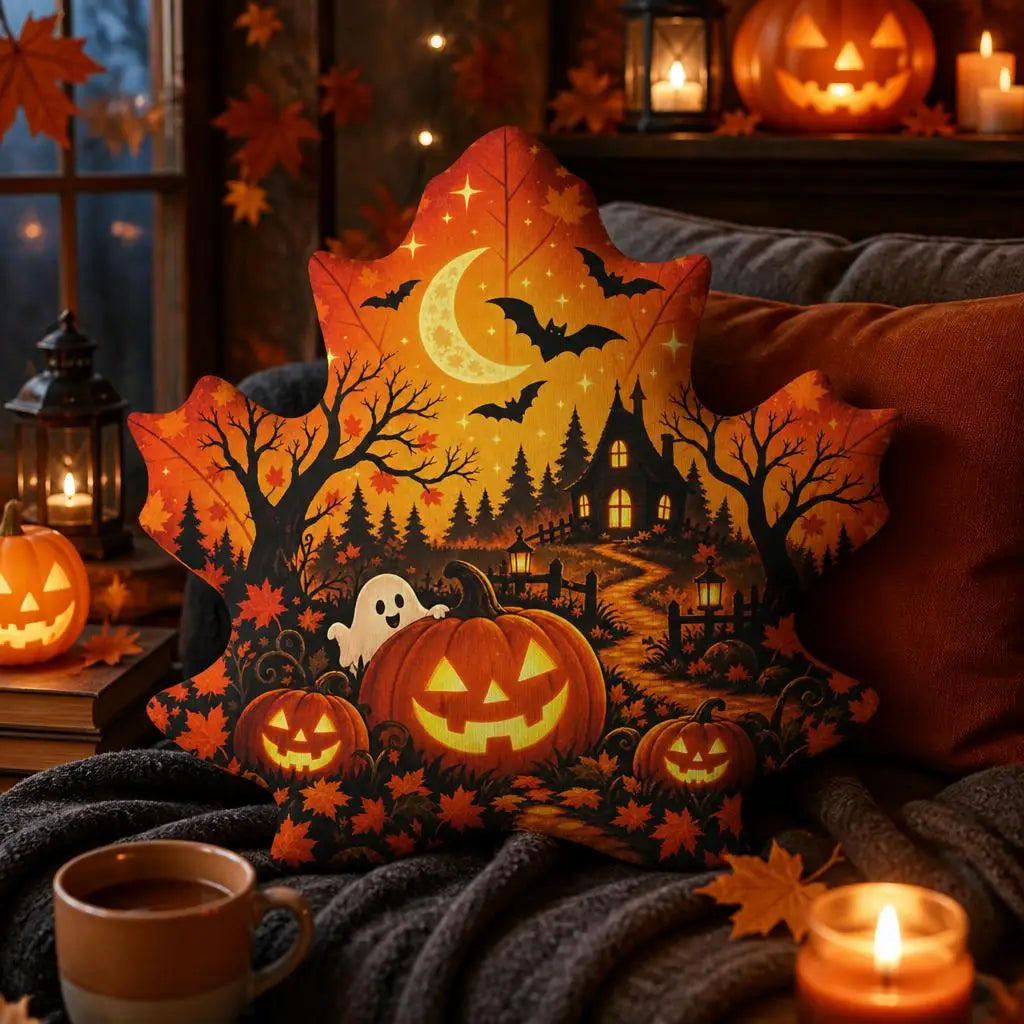 Styled room view: decorative plush pillow featuring maple leaf with jack-o-lantern, haunted house and bats