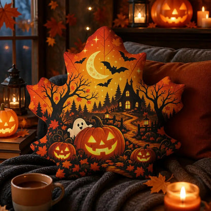 Styled room view: decorative plush pillow featuring maple leaf with jack-o-lantern, haunted house and bats