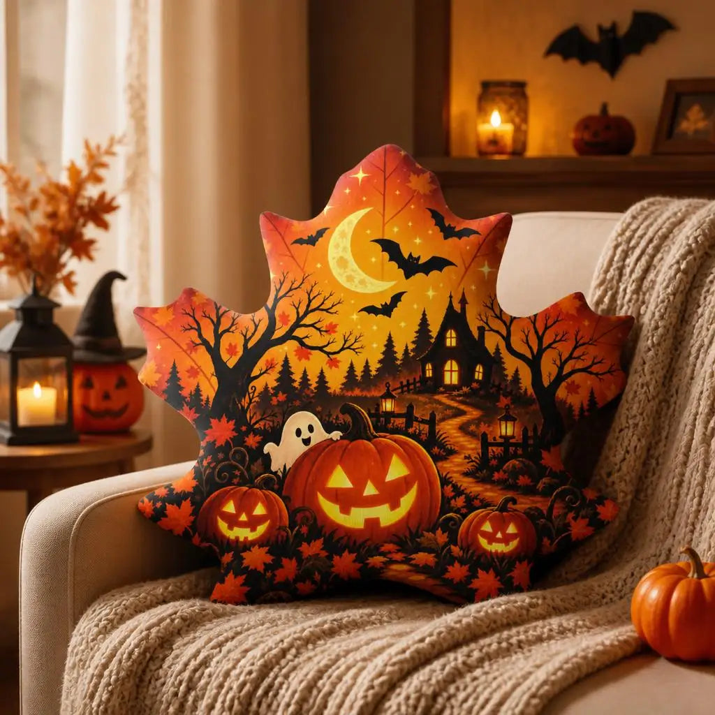 Alternate styled room view: decorative plush pillow featuring maple leaf with jack-o-lantern, haunted house and bats