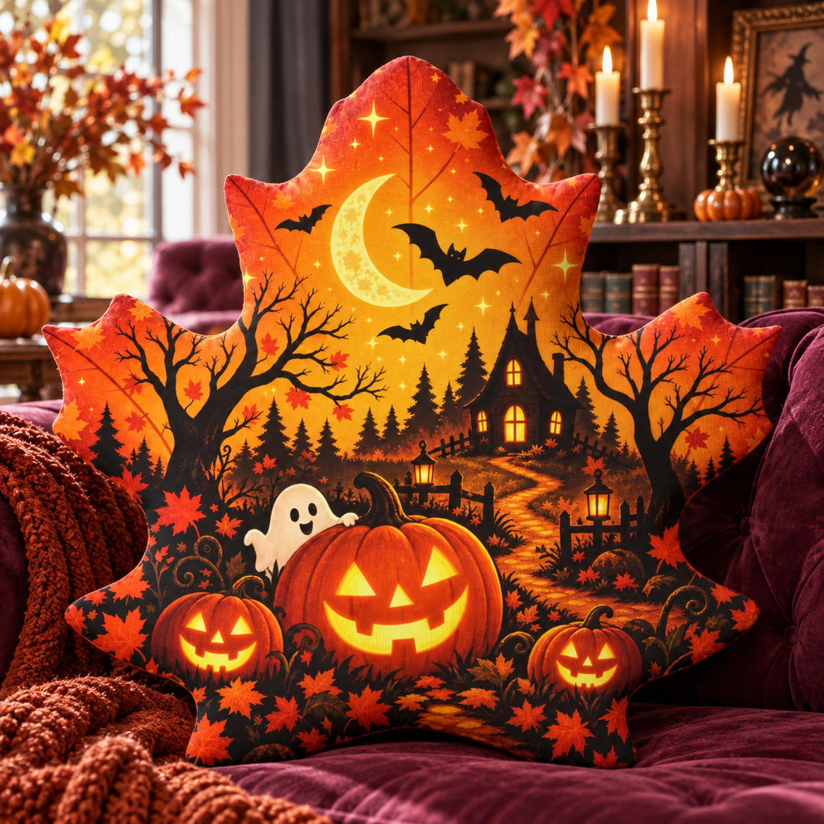 Pumpkin Haunted House Maple Leaf Pillow in a witchy room