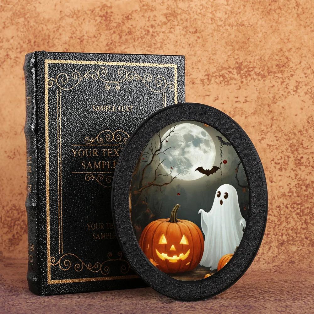 Pumpkin Lanterns Spooky Ghost Wooden Oval Frame - Gothic Oval Wall Art - Witchy Halloween Wall Decoration-MoonChildWorld