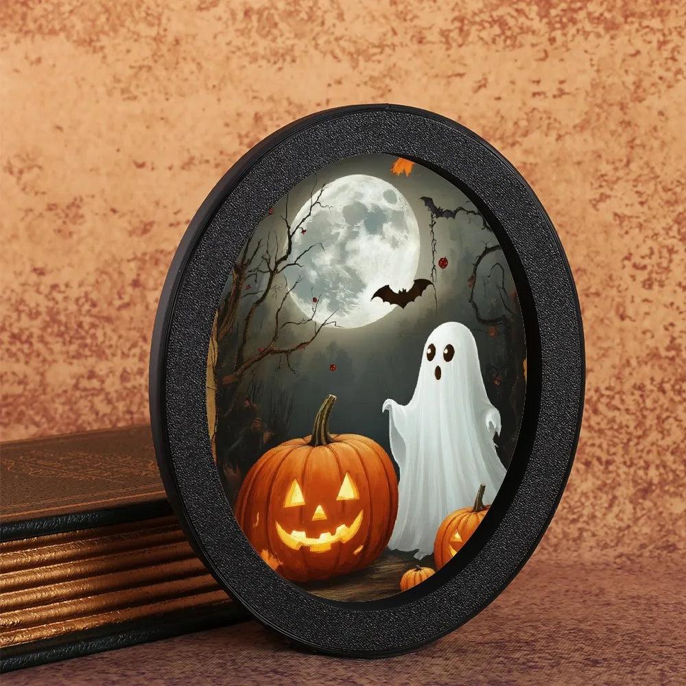 Pumpkin Lanterns Spooky Ghost Wooden Oval Frame - Gothic Oval Wall Art - Witchy Halloween Wall Decoration-MoonChildWorld