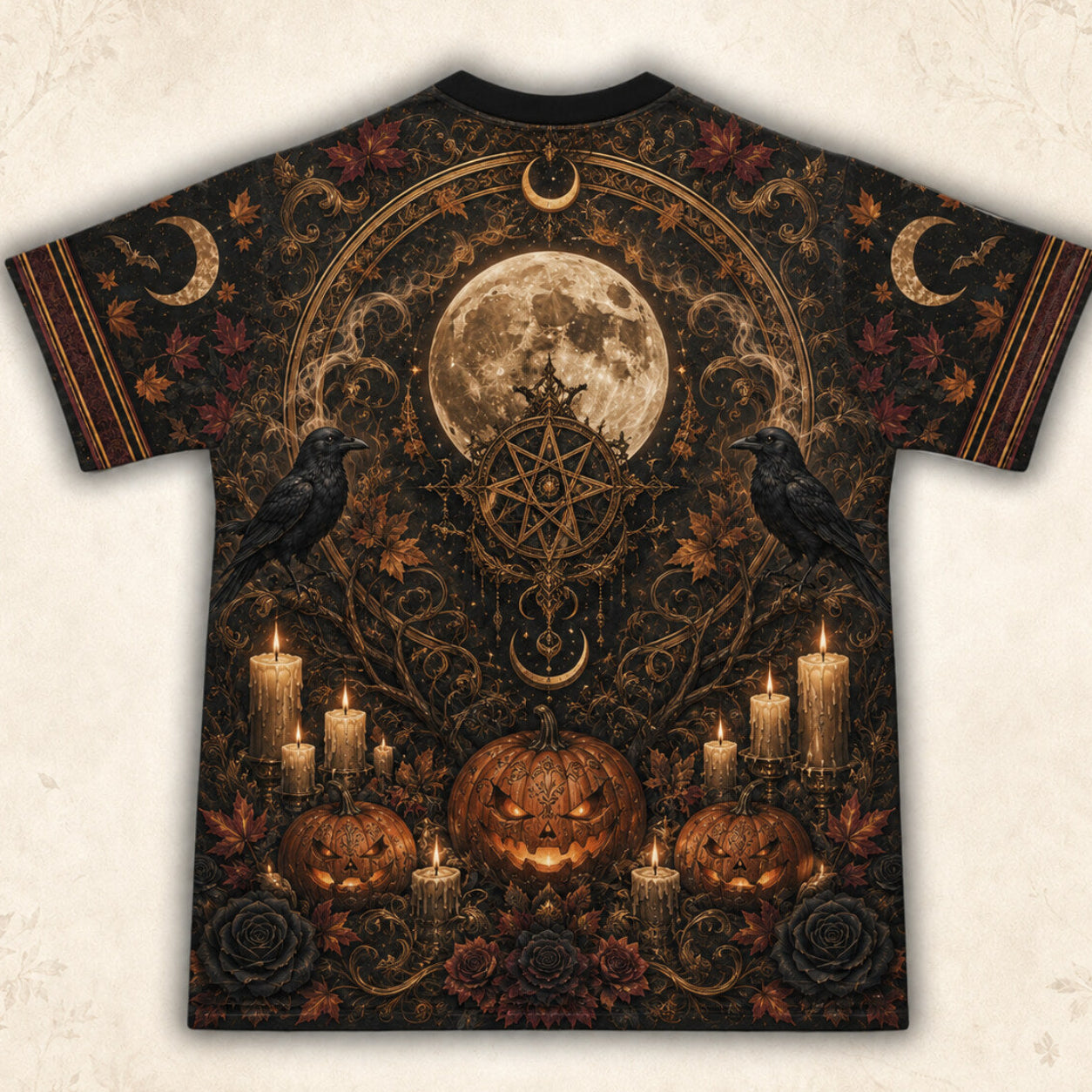 Pumpkin Throne Witch T-Shirt Raven Candle Halloween Gothic Tee back view