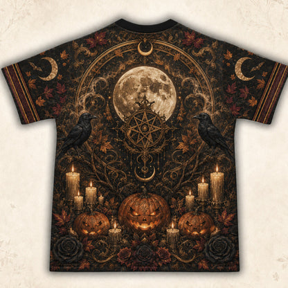 Pumpkin Throne Witch T-Shirt Raven Candle Halloween Gothic Tee back view
