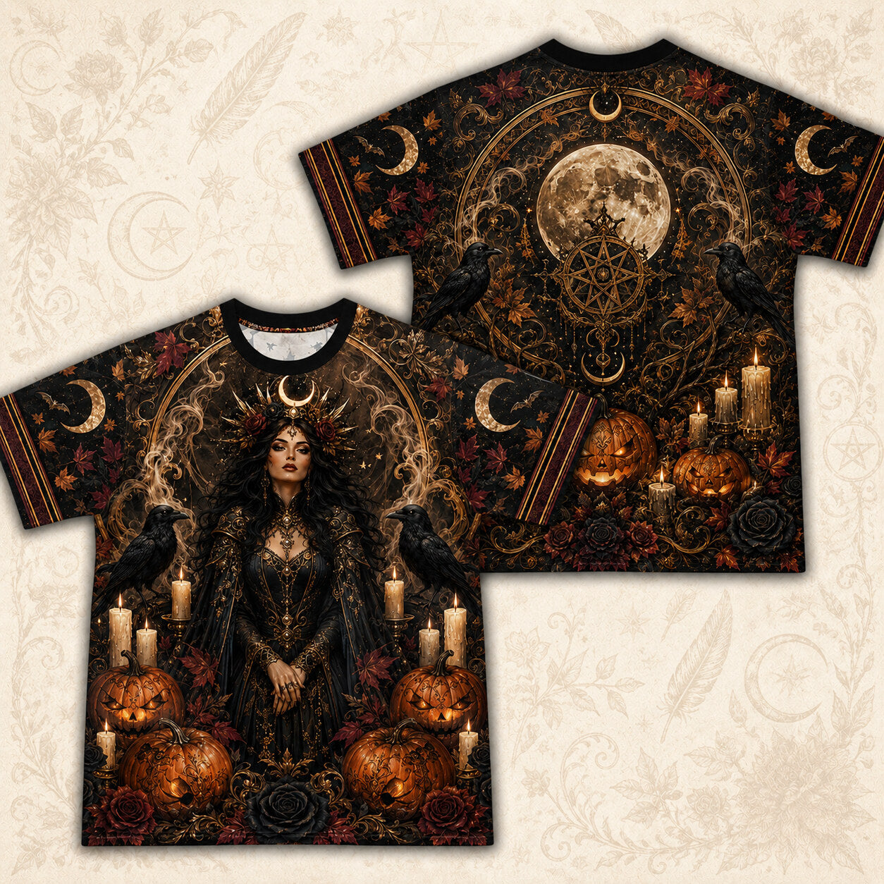 Pumpkin Throne Witch T-Shirt Raven Candle Halloween Gothic Tee front and back together