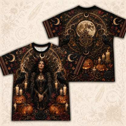 Pumpkin Throne Witch T-Shirt Raven Candle Halloween Gothic Tee front and back together