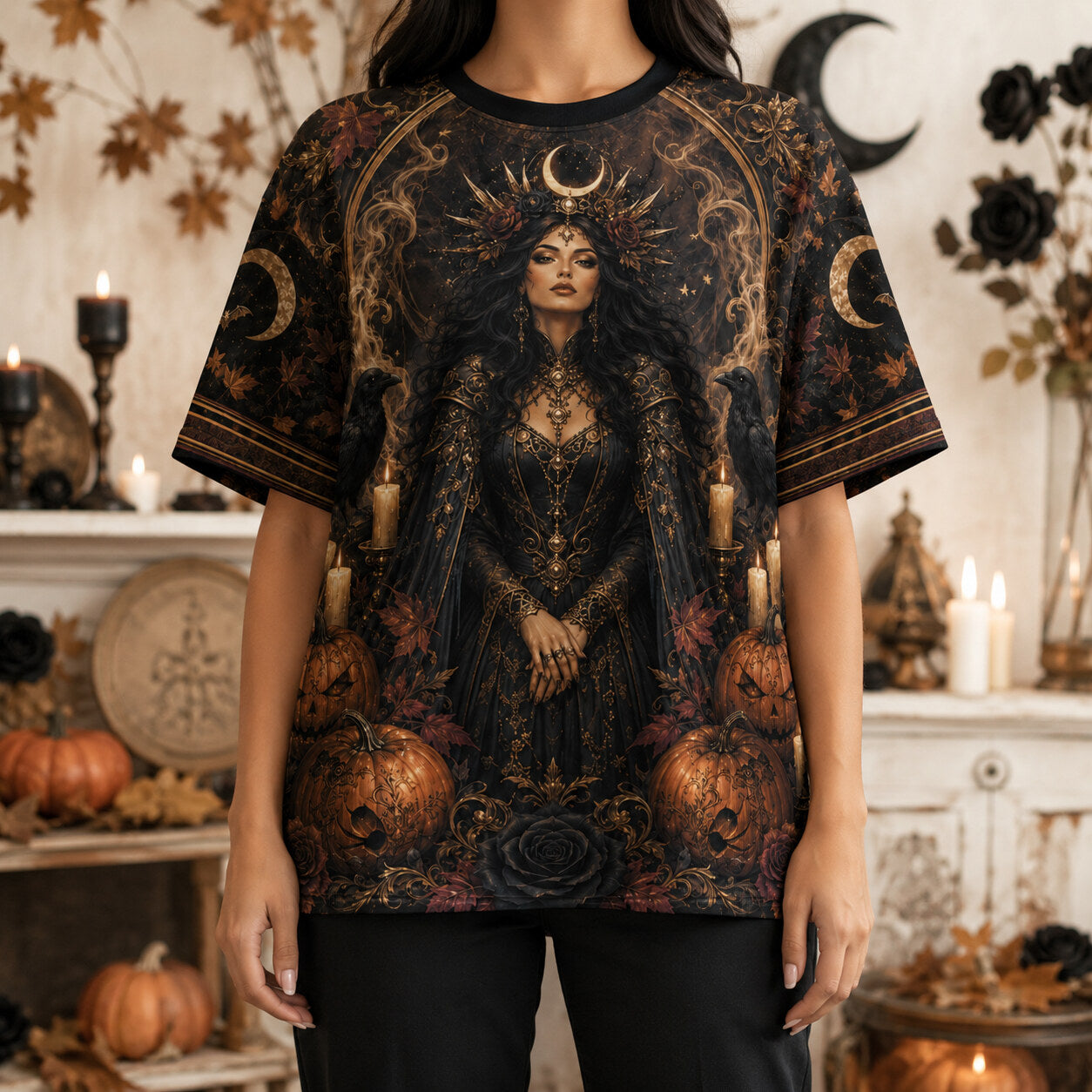 Pumpkin Throne Witch T-Shirt Raven Candle Halloween Gothic Tee worn, front view