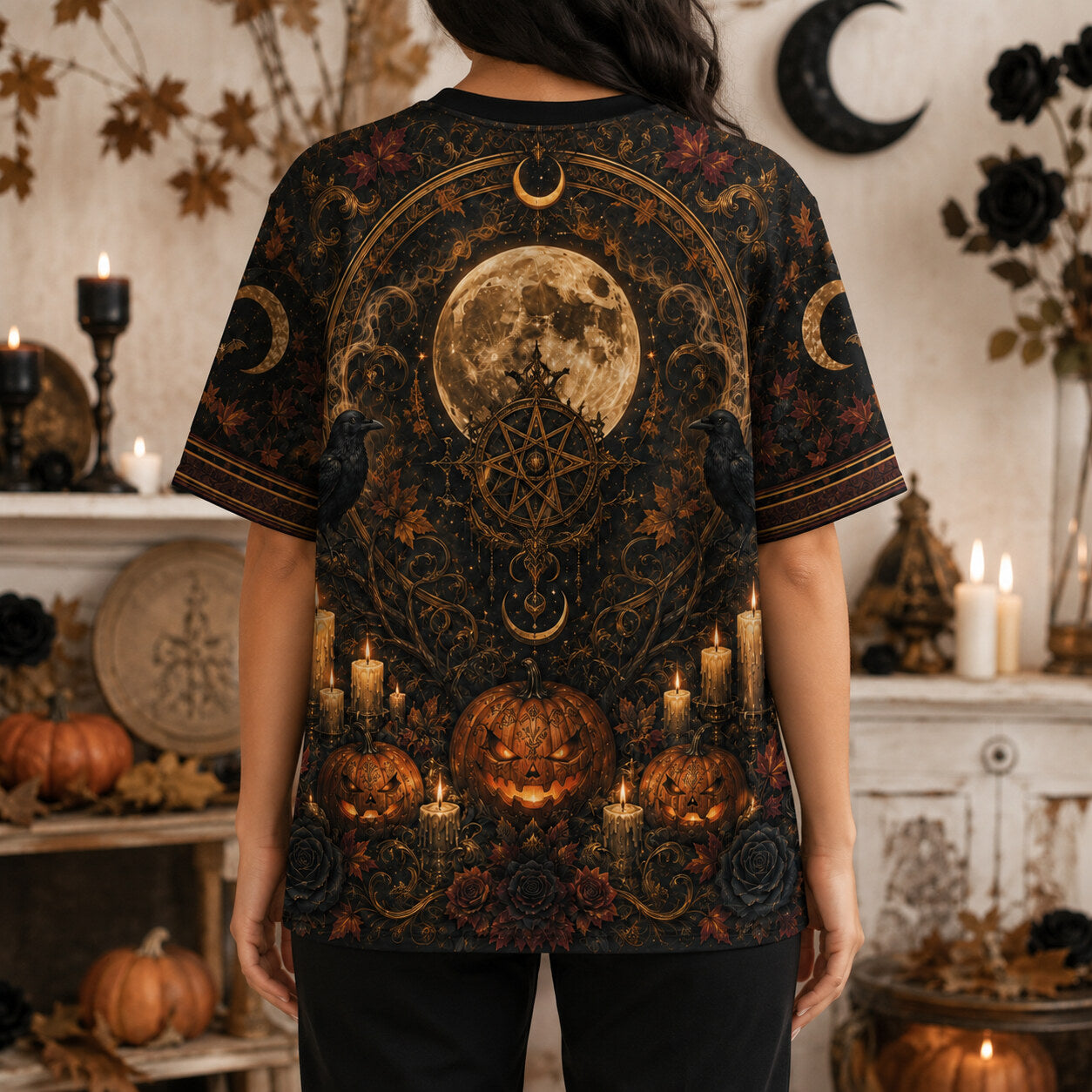 Pumpkin Throne Witch T-Shirt Raven Candle Halloween Gothic Tee worn, back view