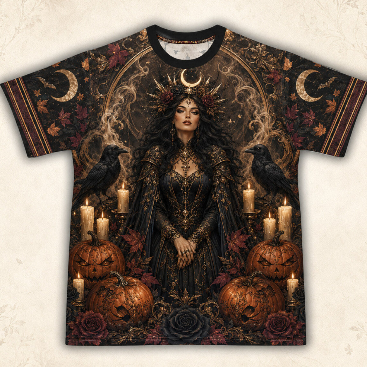Pumpkin Throne Witch T-Shirt Raven Candle Halloween Gothic Tee front view