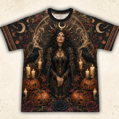 Pumpkin Throne Witch T-Shirt Raven Candle Halloween Gothic Tee front view