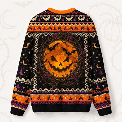 Pumpkin Witch Sweater Black Cat Jack O Lantern Halloween Knit back view
