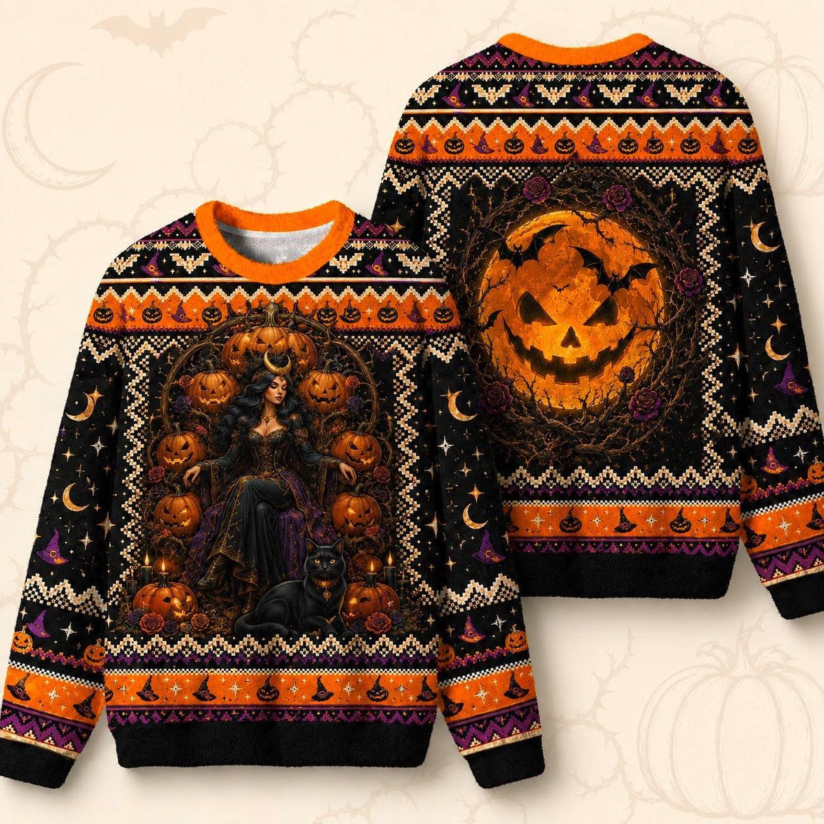Pumpkin Witch Sweater Black Cat Jack O Lantern Halloween Knit front and back together