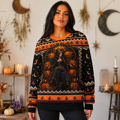 Pumpkin Witch Sweater Black Cat Jack O Lantern Halloween Knit worn, front view