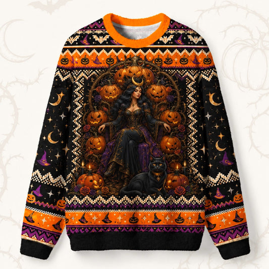 Pumpkin Witch Sweater Black Cat Jack O Lantern Halloween Knit front view
