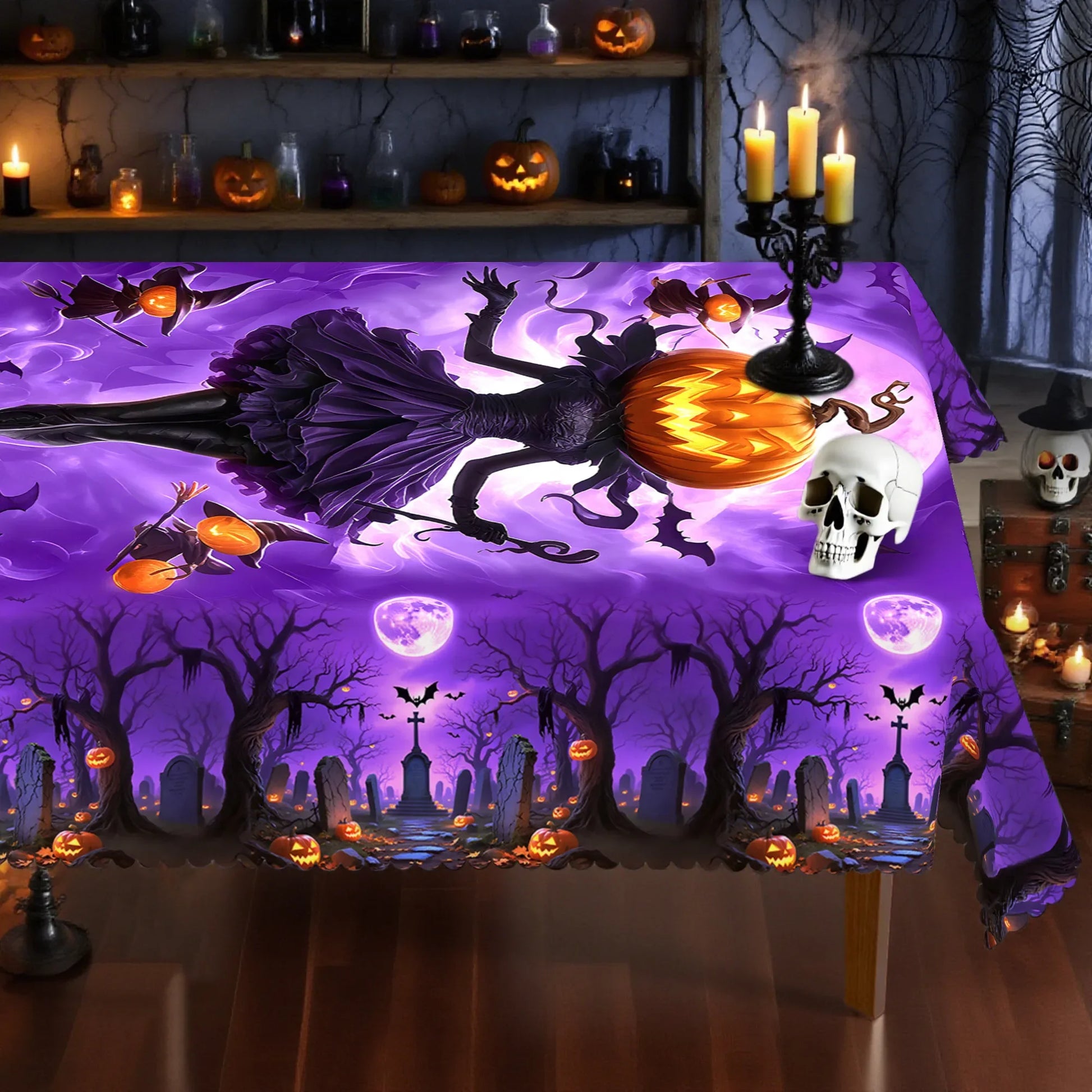 Pumpkin Witch Halloween Tablecloth Eerie Spooky Table Decor-MoonChildWorld
