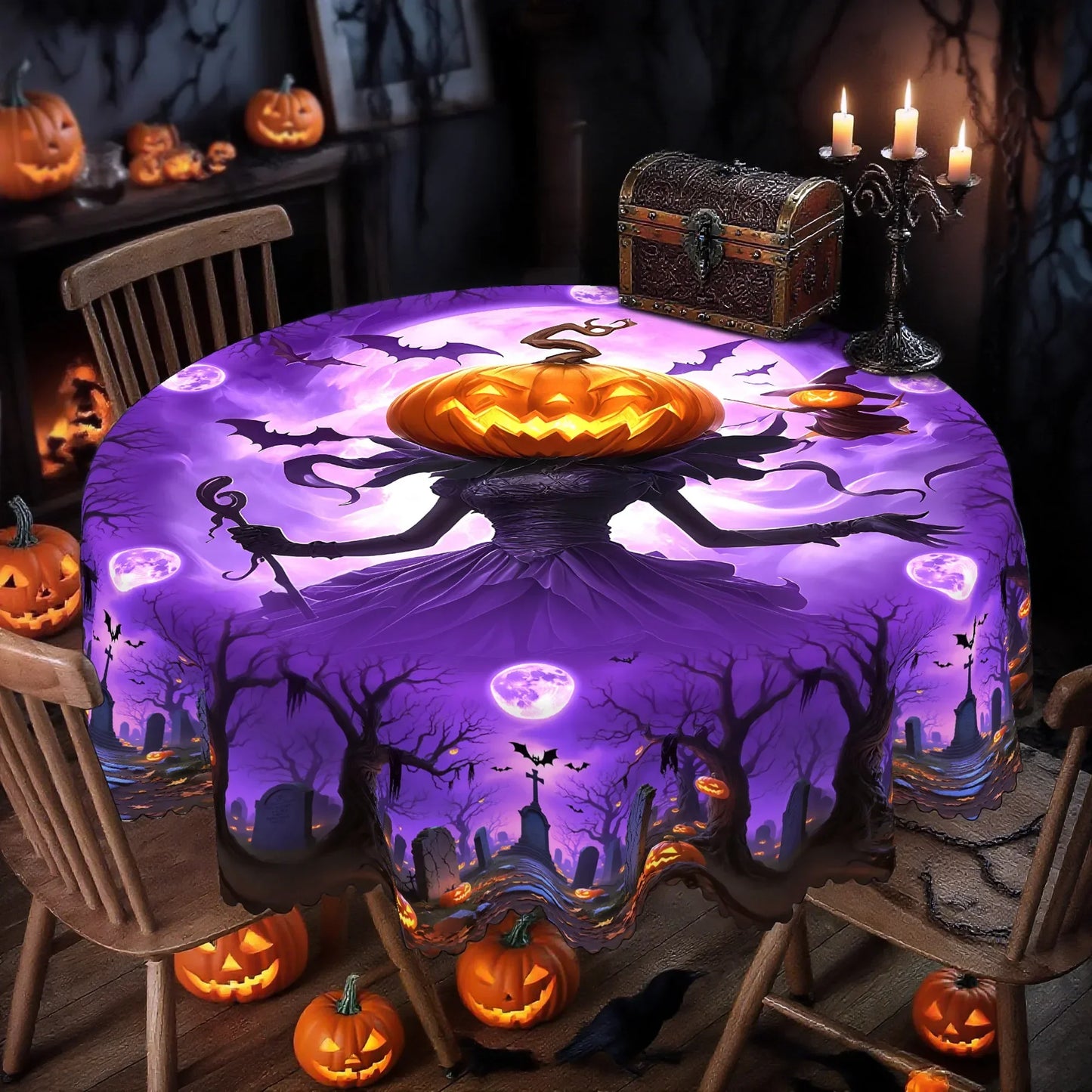 Pumpkin Witch Halloween Tablecloth Eerie Spooky Table Decor-MoonChildWorld