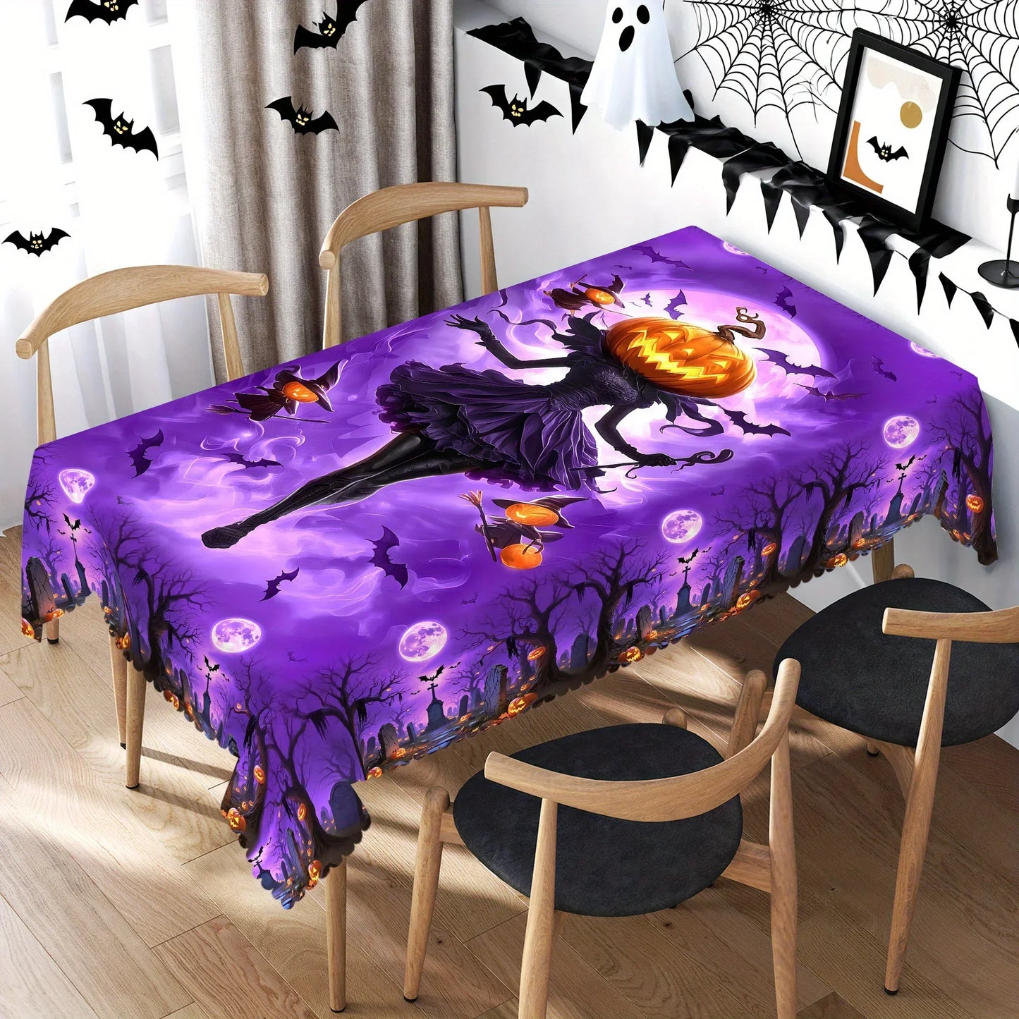 Pumpkin Witch Halloween Tablecloth Eerie Spooky Table Decor-MoonChildWorld