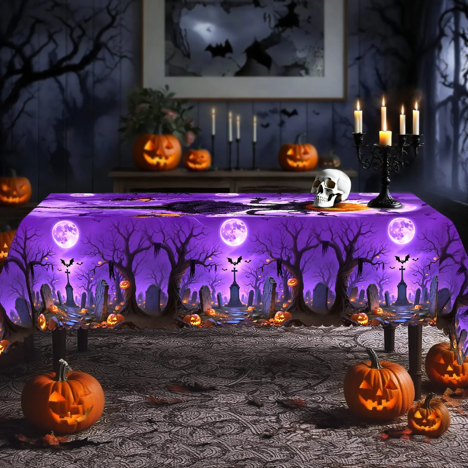 Pumpkin Witch Halloween Tablecloth Eerie Spooky Table Decor-MoonChildWorld