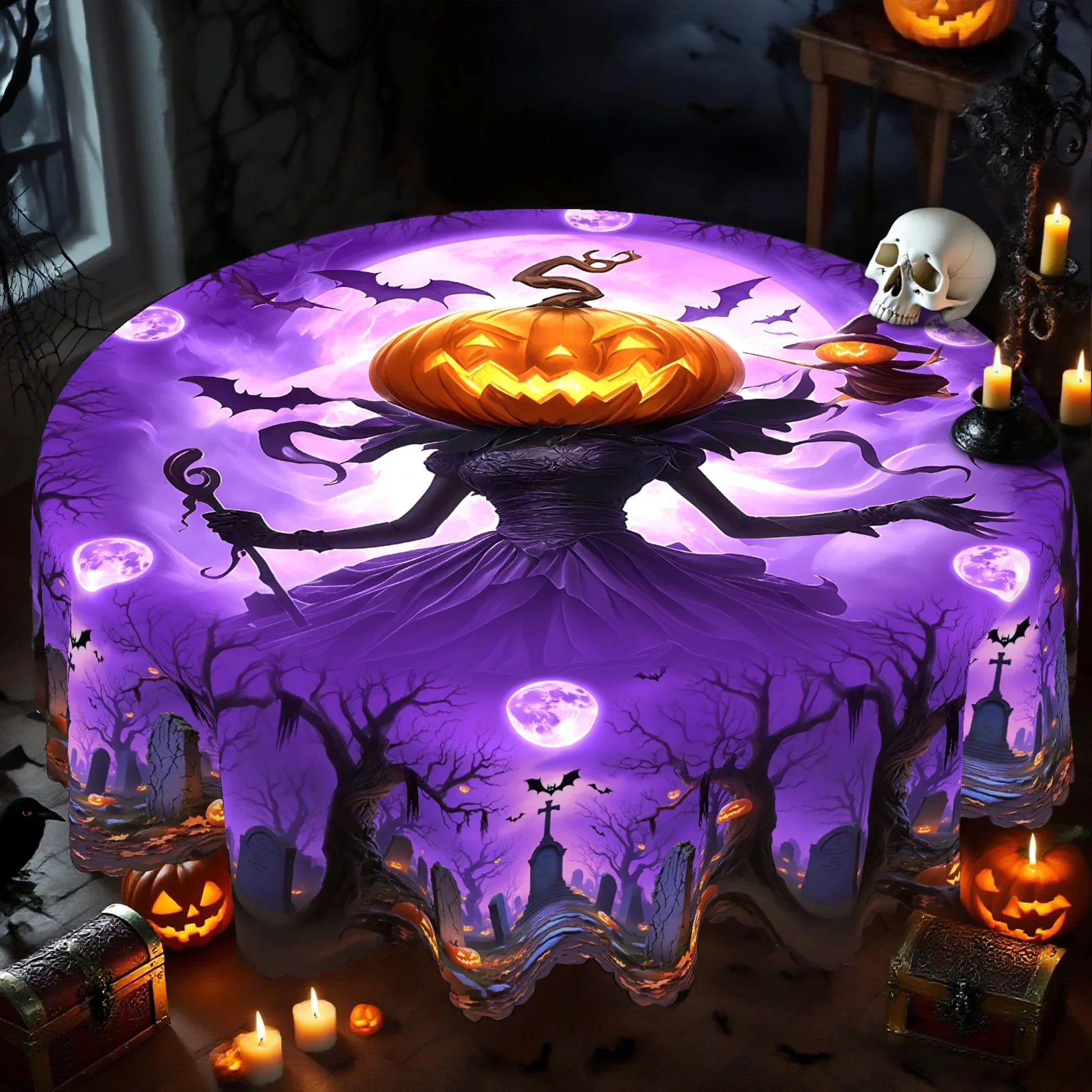Pumpkin Witch Halloween Tablecloth Eerie Spooky Table Decor-MoonChildWorld