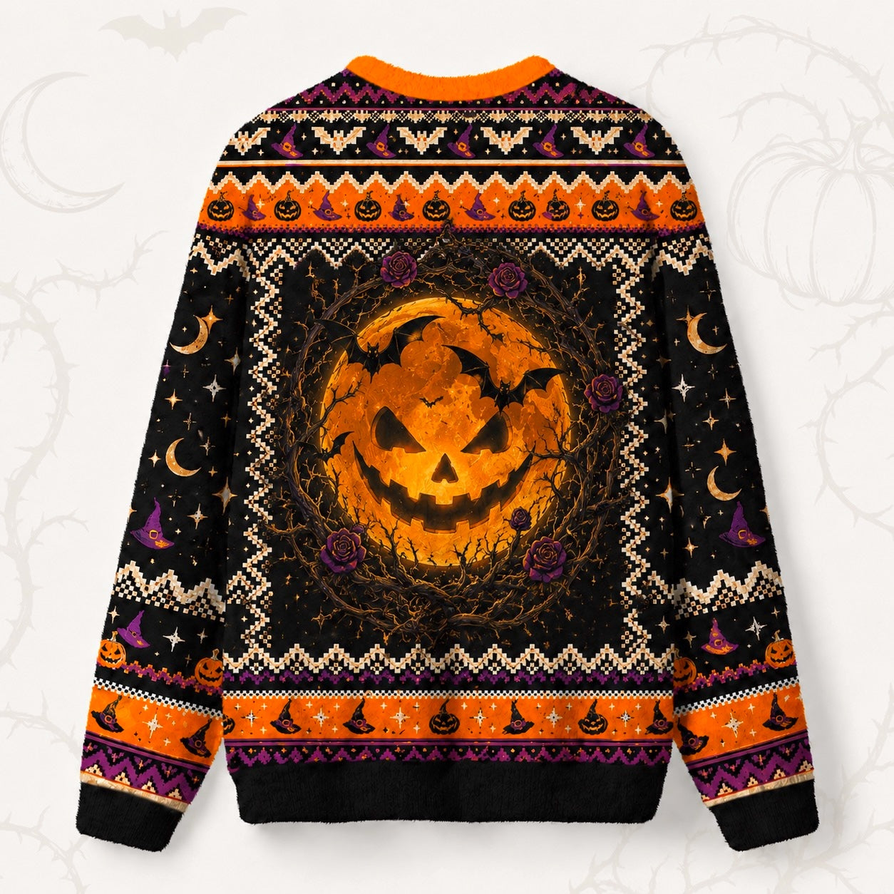 Pumpkin Witch Sweater Black Cat Jack O Lantern Halloween Knit back view
