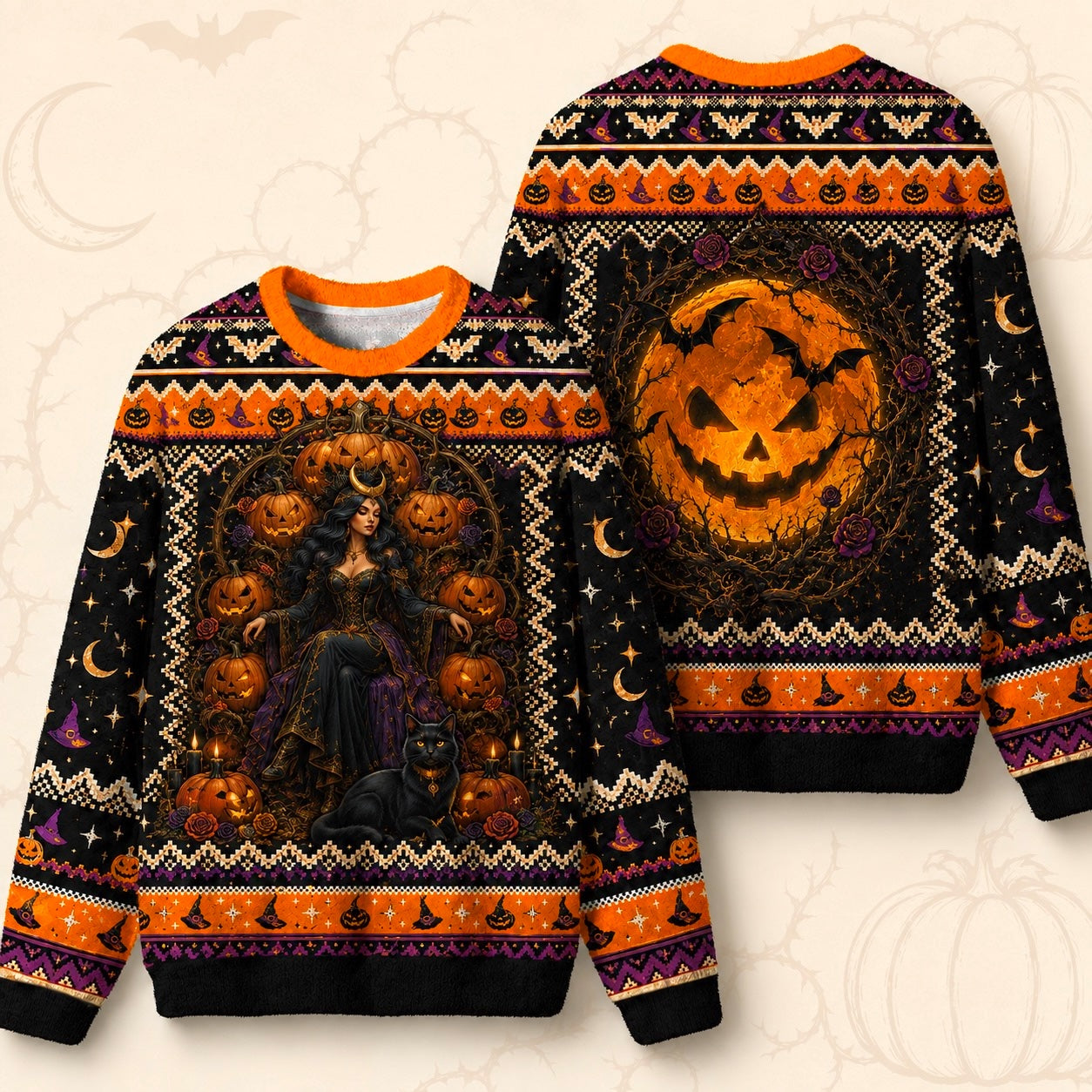 Pumpkin Witch Sweater Black Cat Jack O Lantern Halloween Knit front and back together